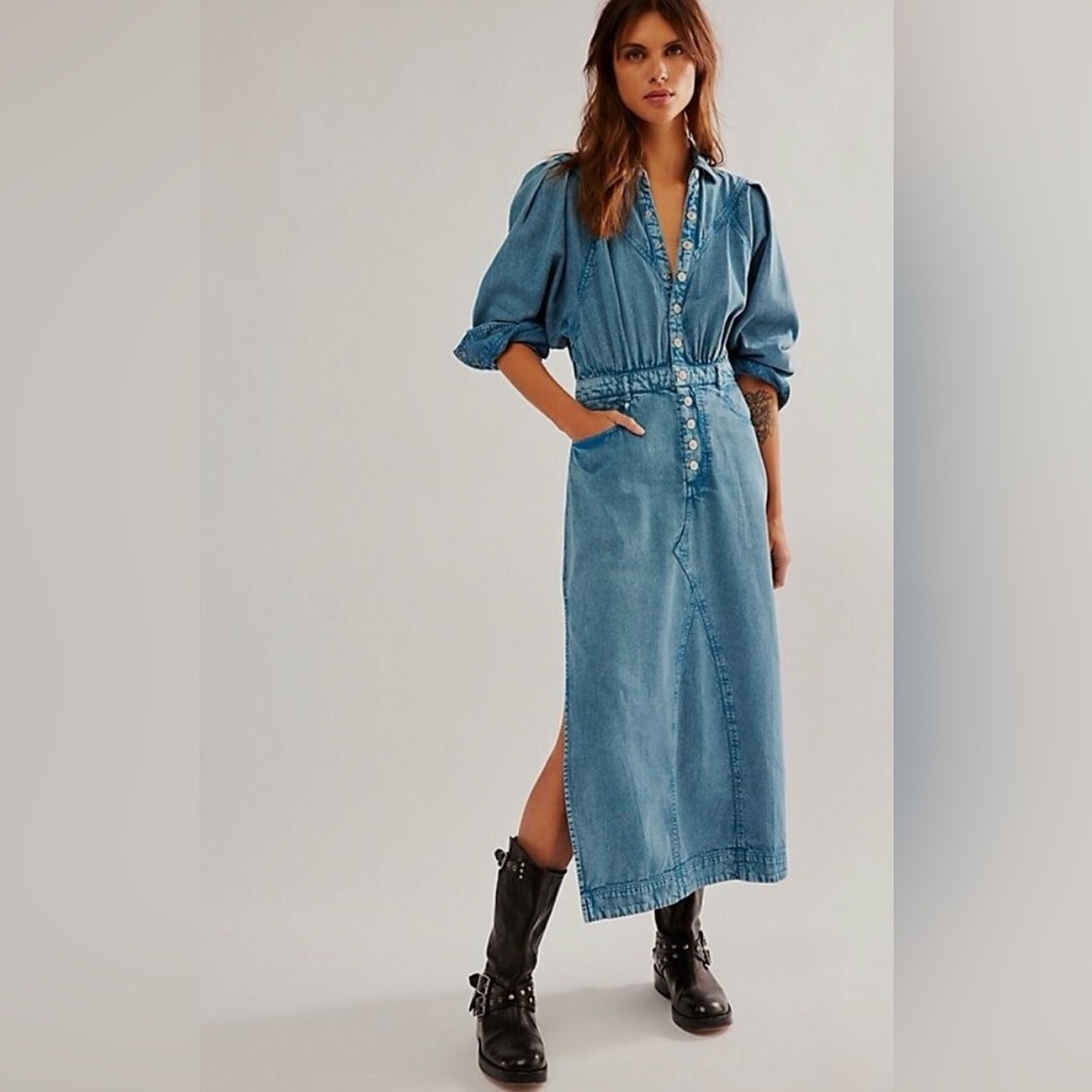Free People Blue Denim Long Sleeve Dress